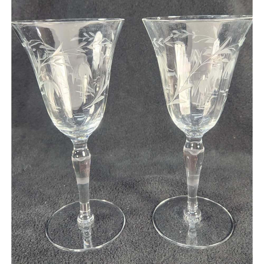 Morgantown Etched Clear Tall Water Wine Goblets Set Of 2